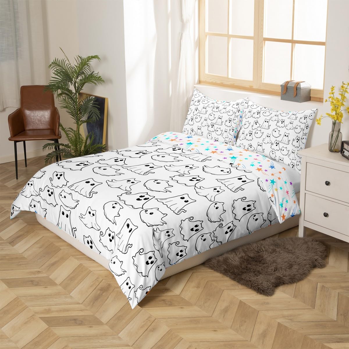Feelyou Cartoon Ghost Bedding Set Queen Size Kids Kawaii Cute Ghost Comforter Cover Set for Boys Girls Teens Geometric Stripe Duvet Cover Halloween Theme Bedspread Cover（No Comforter