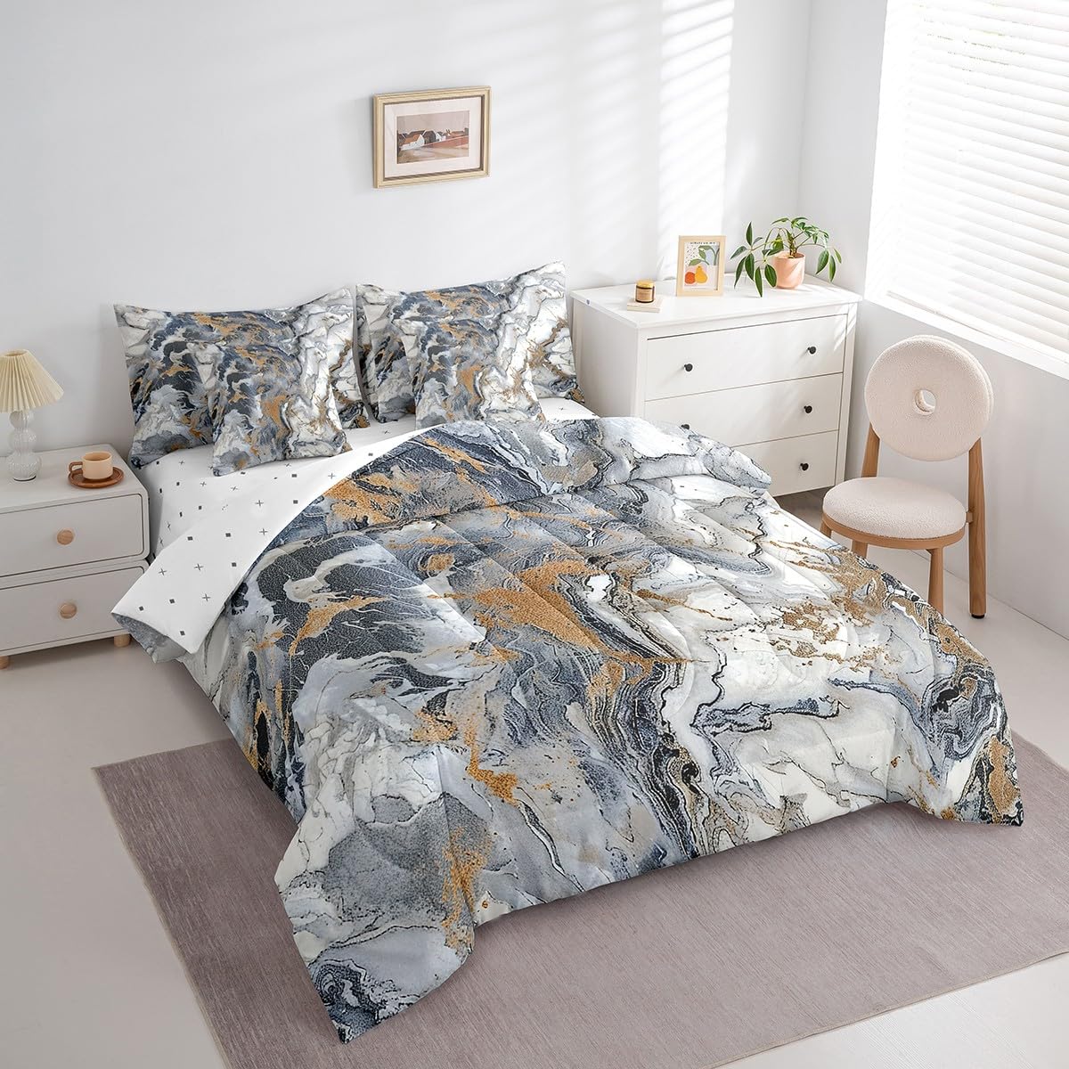 Erosebridal Marble 7 Pcs Comforter Set Queen Size Ink Fluid Bedding Modern Marbling Art Bed in A Bag for Men Women Luxury Stone Liquid Blue Gold Grey Abstract Bed Set