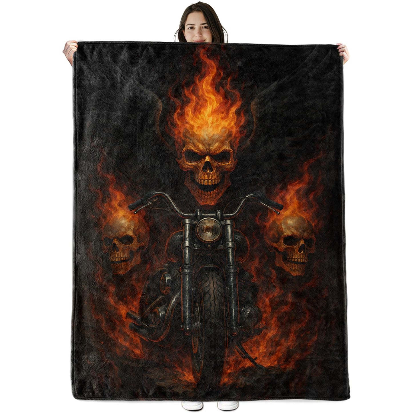 Motorcycle Skull Blanket Gifts for Boys Girls Kids, Flaming Biker Skull Warm Soft Flannel Throw Blankets for Travel, Sofa, Room, Bedroom Birthday Christmas Spring Decor, 50x60 in