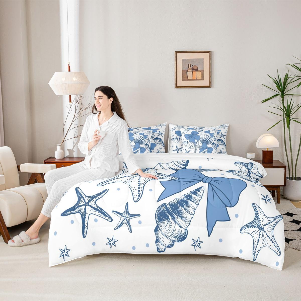 Feelyou Starfish Beach Comforter Set with Sheets 7 Piece King Size Blue Bow Bedding Set for Kids Boys Girls Ocean Marine Shell Bed in a Bag Bow Knot Print Room Decor Coastal Beach Ocean