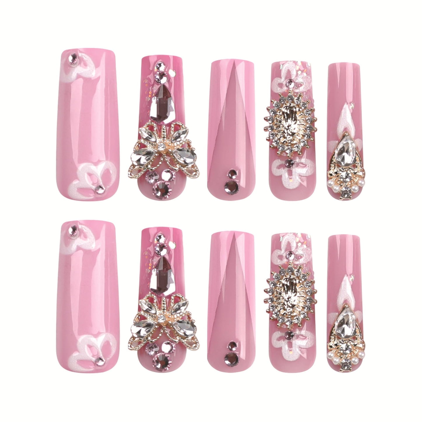 Long Press Pink False Nails with Rhinestones Design: Glue on, French Acrylic, Butterfly Flower Full Cover Stick on Nails - 24Pcs