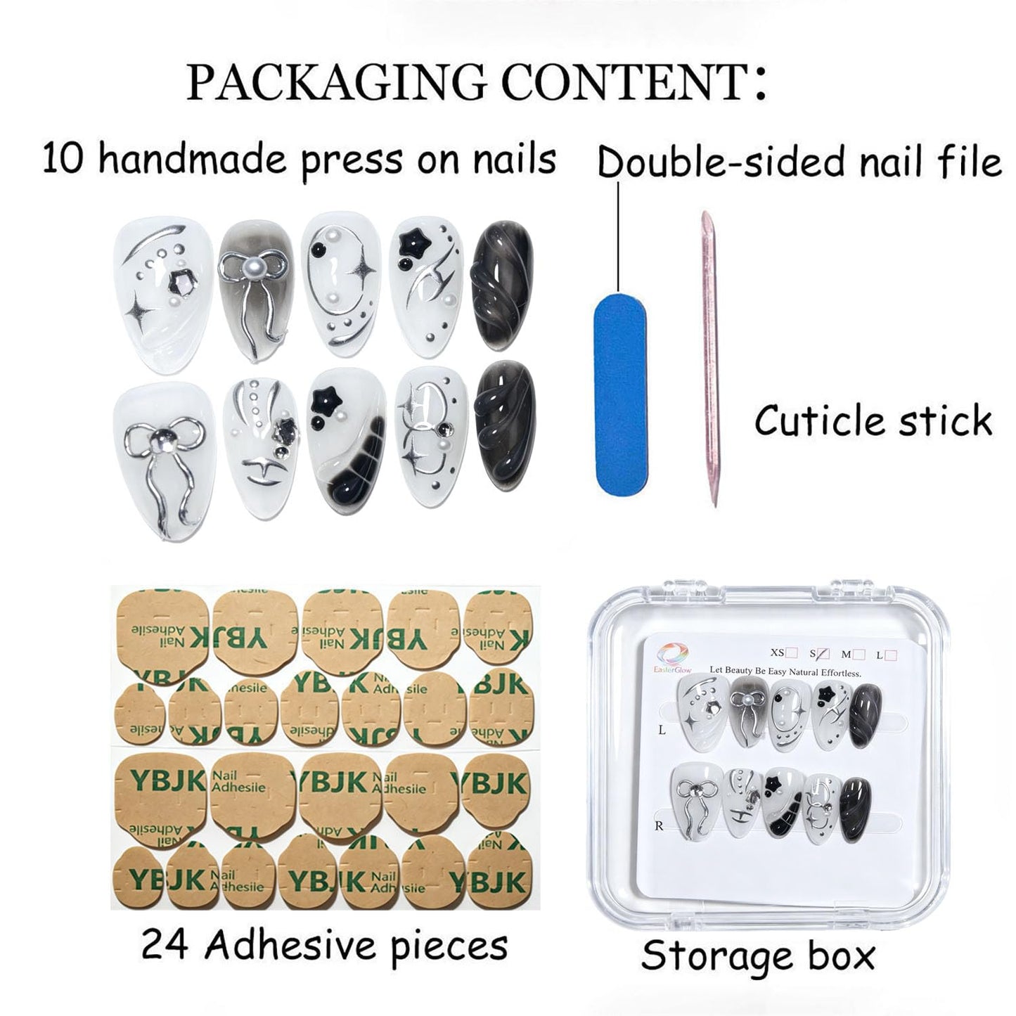 EasierGlow 10 Pcs Handmade Short Almond Press On Nails - Easy Apply & Remove, Reusable & Salon Quality | Y2K Gothic Black & White Press Ons with 3D Bow, Star & Swirl Sculpted Accents (UO02, S)