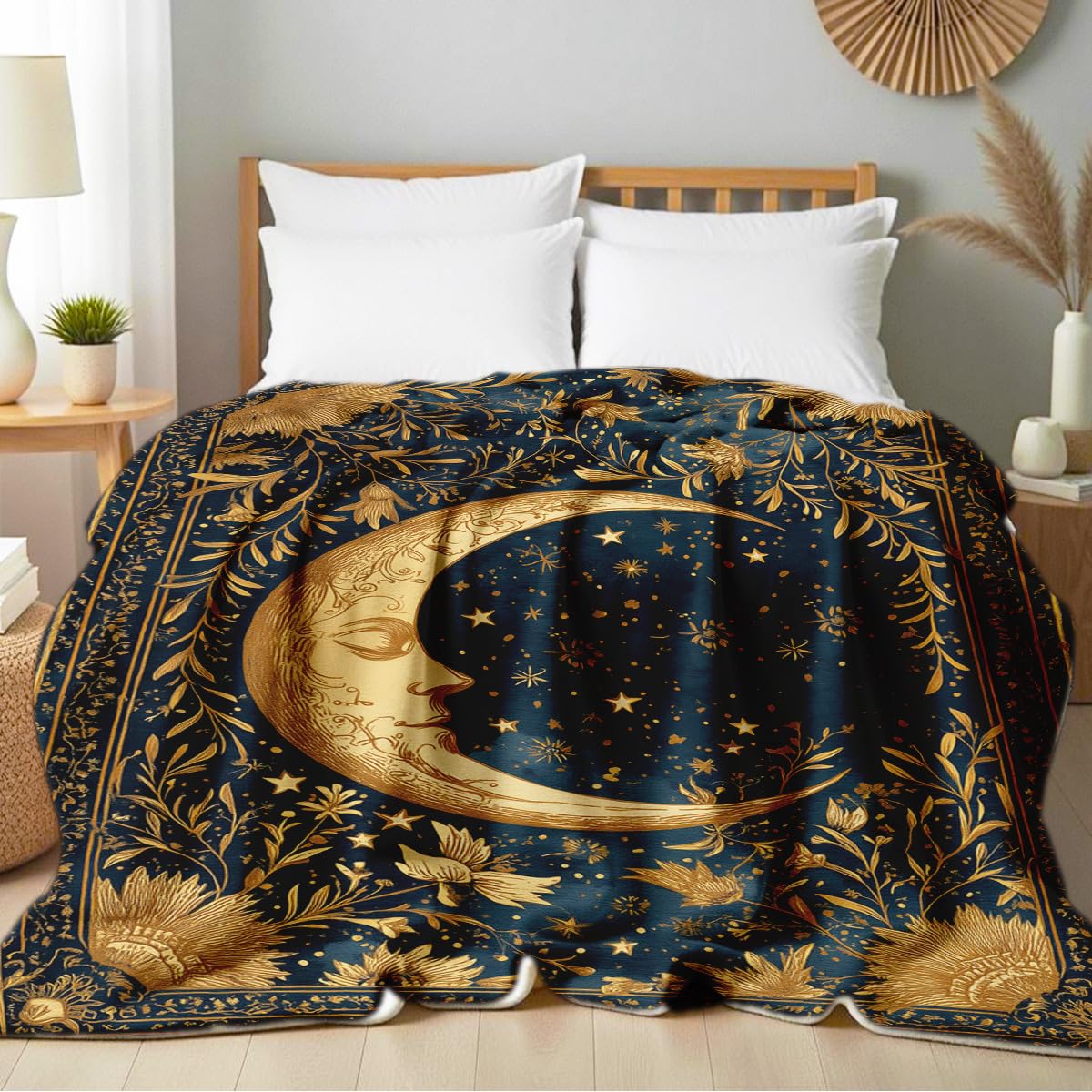 HUNXIAOJ Celestial Throw Blanket for Couch Bed Sun Moon Floral Print Flannel Blanket Celestial Gifts Astrology Throw Mystical Bedroom Home Decor (59"x78")