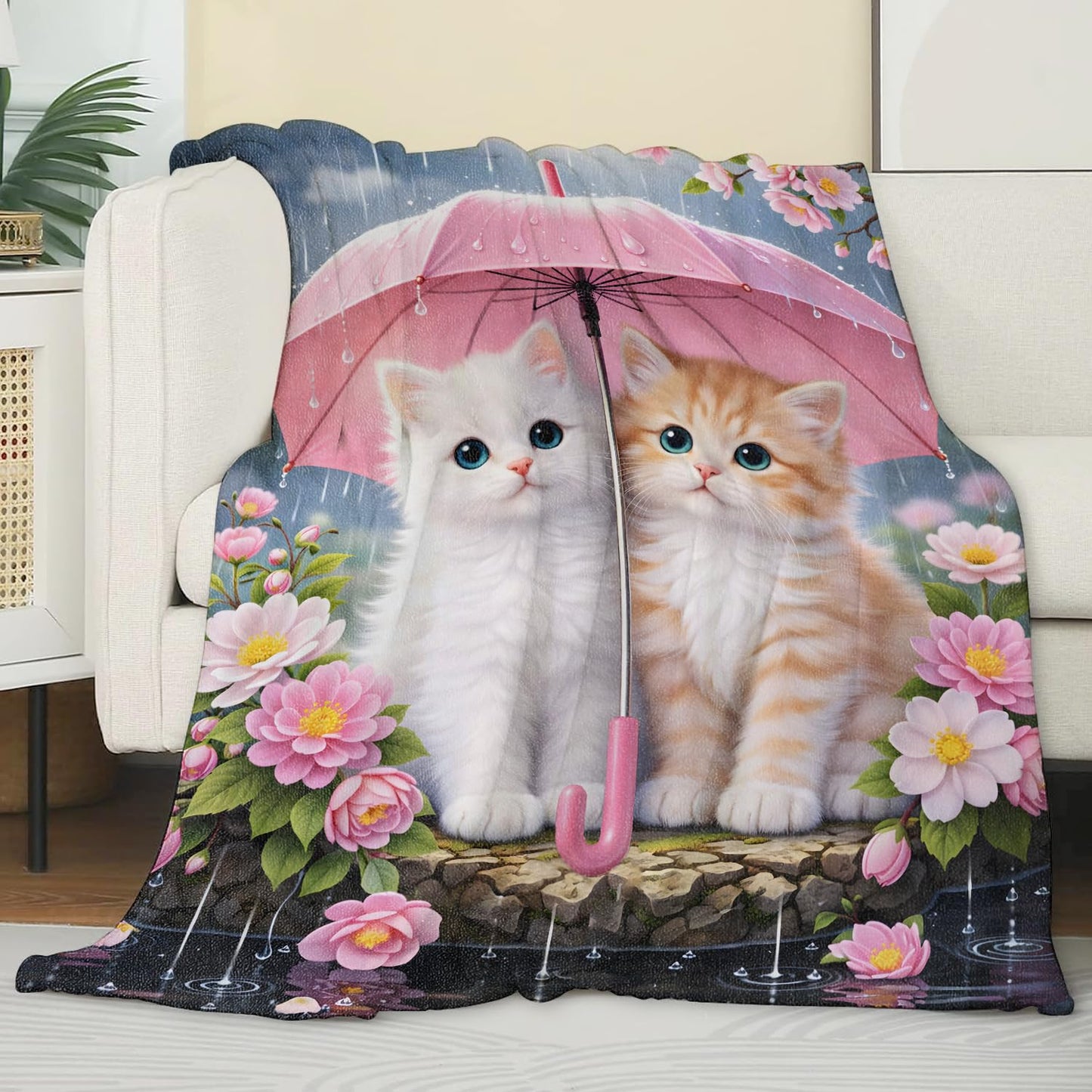 Zeleda Cute Cat Floral Cozy Throw Blanket for Couch Sofa Bed, Soft Flannel Dreamy Kitten Flower Blankets for Women Kids Girls, Warm Lightweight Romantic Throws for Room Decor Gifts, 50x60 Inches