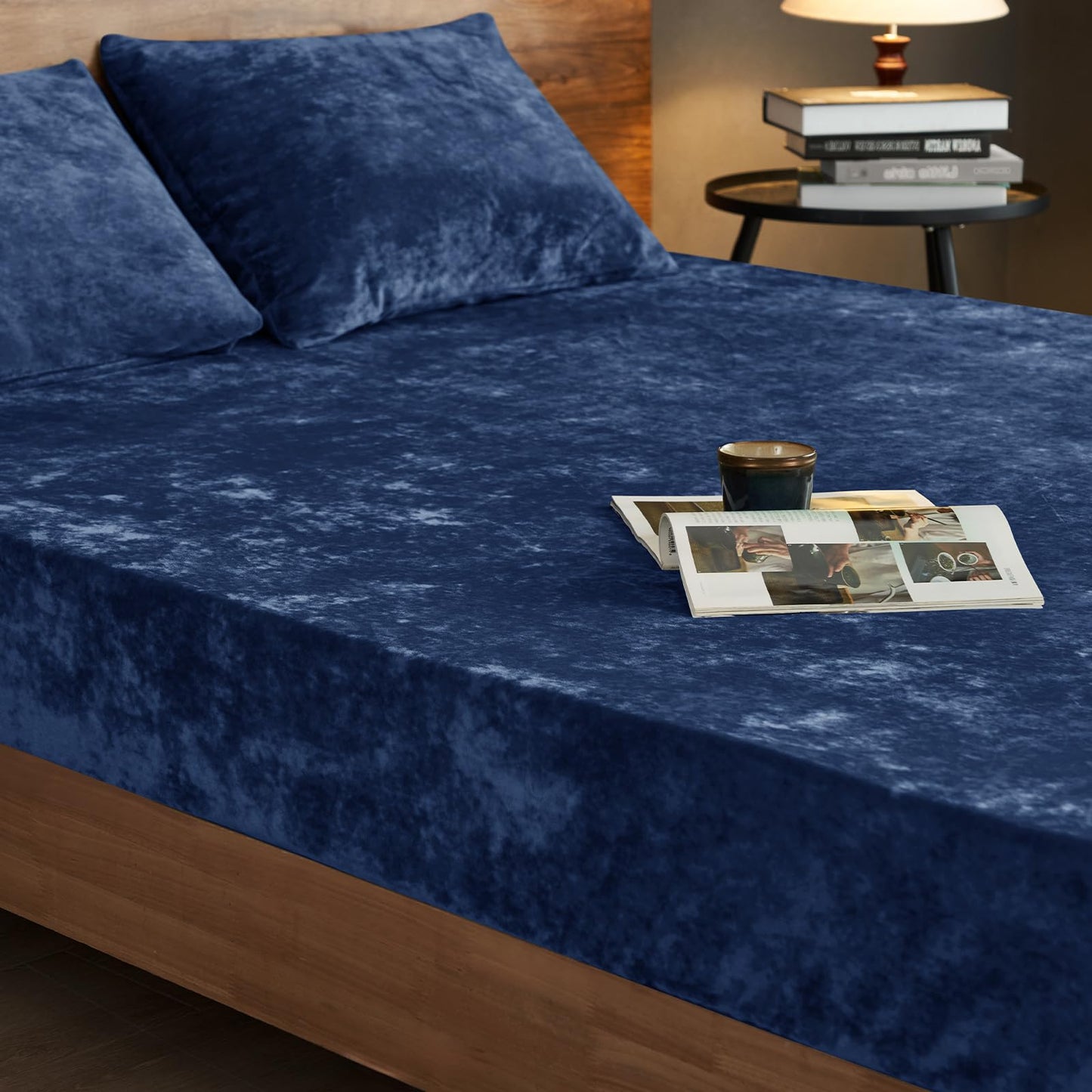 PHF Truly Velvet Fitted Sheet Only Queen Size, Luxury Super Soft Cozy Fuzzy Fleece Bottom Sheet, Deep Pocket Up to 16",Strenghth Elastic Band,Suitable for Fall Winter Spring, No Pillowcases, Navy Blue