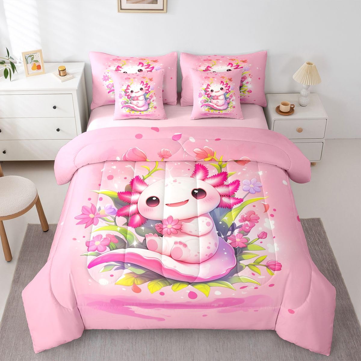 Girls Cute Axolotl Queen Bedding Set Kids Pink Floral Axolotl Comforter Set with Flat and Fitted Sheet Teens Girly Spring Petals Blossom 7-Piece Bed in a Bag Princess Dreamy Cartoon Animal Quilt Sets