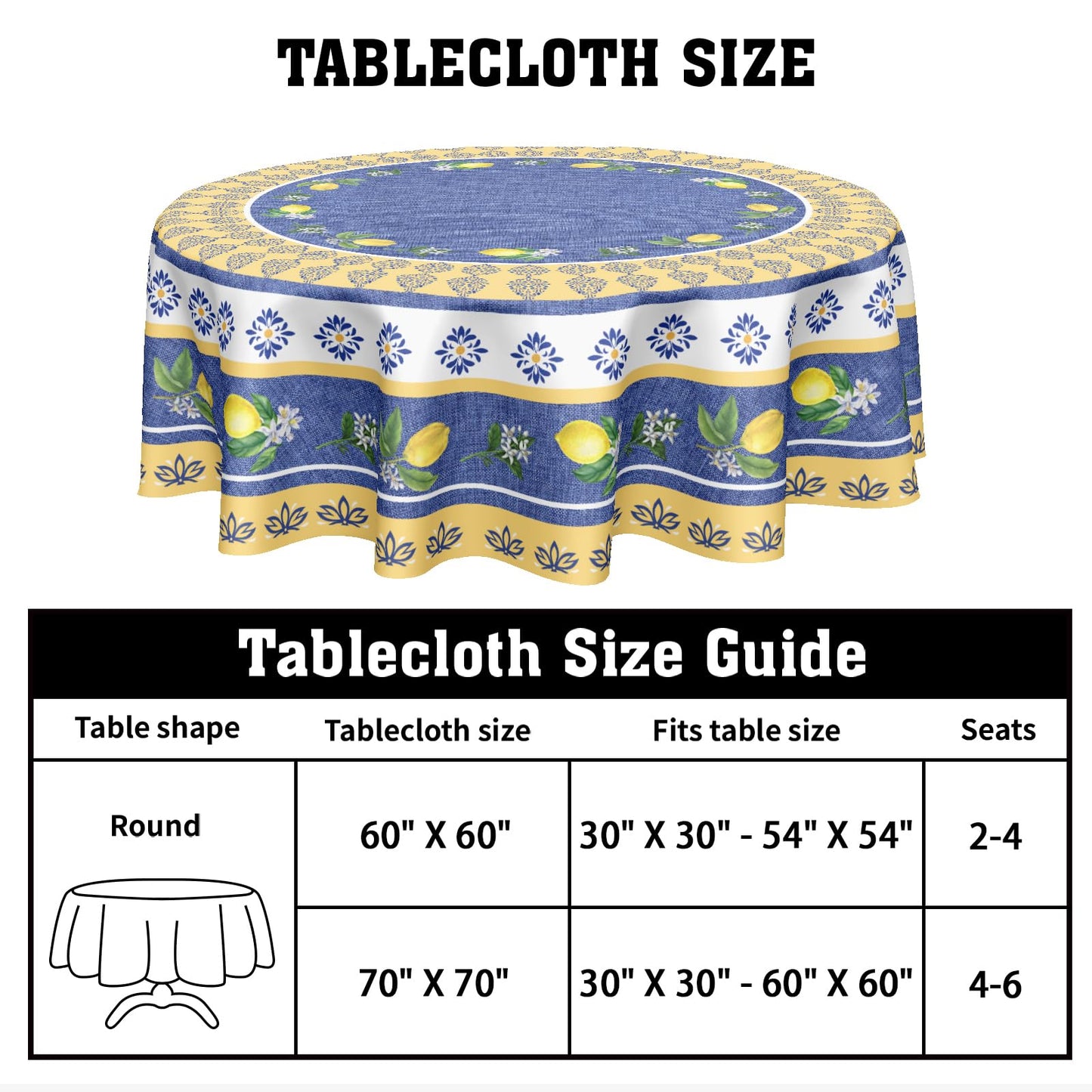 Kawani Lemon Round Tablecloth 70 Inch Blue Yellow French Country Style Fruit Floral Print Table Cloth Rustic Farmhouse Table Cover for Kitchen Dining Room Party Home Decor