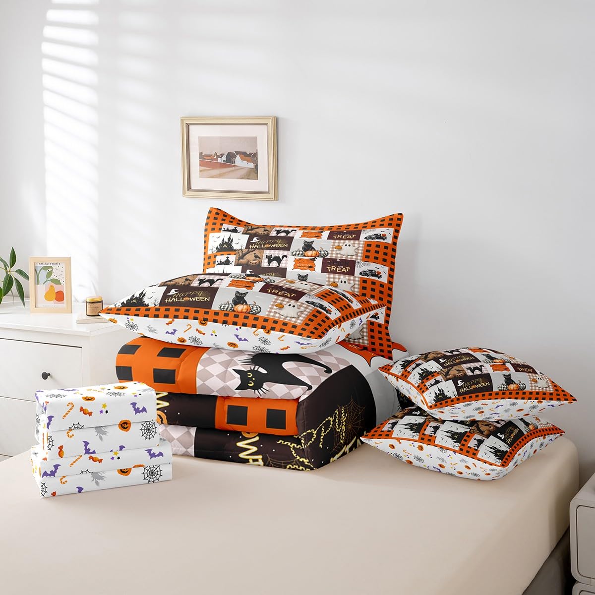 Erosebridal Plaid Halloween Bed in A Bag with Sheets Orange Cartoon Halloween Bedding Set Pumpkin Ghost Twin Comforter Set 7 Piece for Boys Girls Kids Gothic Black Cat Castle Bed Set