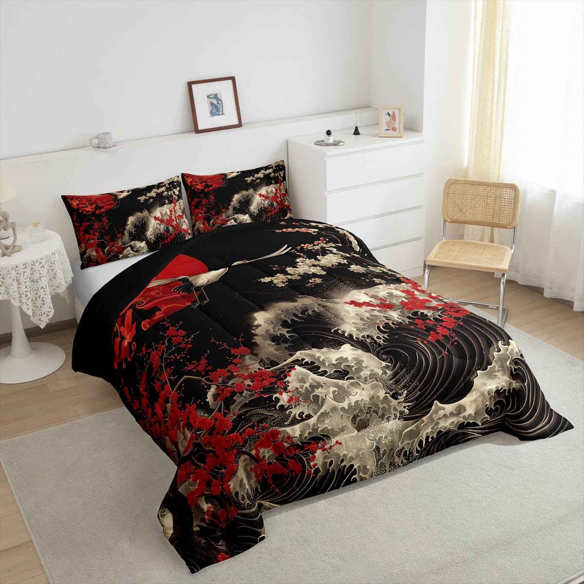 Erosebridal Oriental Cherry Blossoms Bedding Full Size Japanese Asian Print Comforter Set Full, Black and Red Duvet Insert Chic Crane Quilt Comforter, Ocean Waves Bedding Comforters & Sets