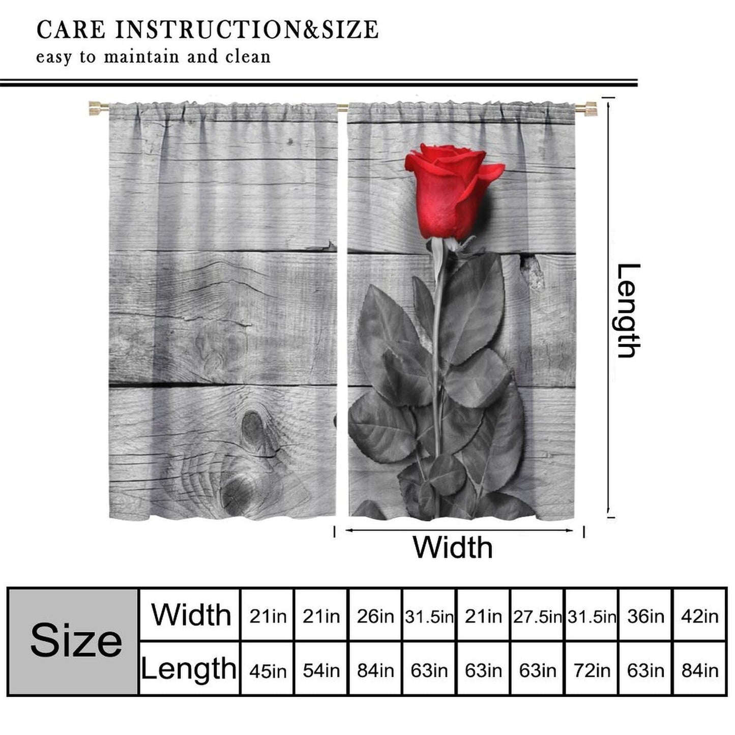 GoDazzling Red Rose Wooden Floral Curtains, Farmhouse Rustic Flower Black Red Rod Pocket Window Drapes, for Bedroom Living Room. 41" W X 45" L (No Blackout)