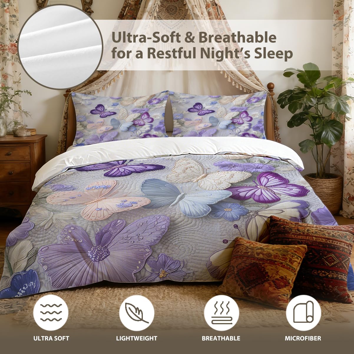 MILANKET Butterfly Floral Duvet Cover Set, Purple and Blue Garden Bedding with Delicate Insect and Flower Print, Soft Microfiber Reversible Comforter Cover for Elegant Bedroom Decor, 3 Pieces, Twin