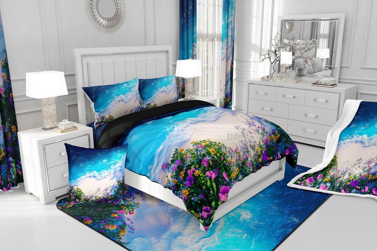 Feelyou Pretty Ocean Beach Bedding Sheets Full Cute Flower Bed Sheet Set for Adult Kids Blue Purple Yellow Fitted Sheet Beach Theme Bed Cover 3Pcs,1 Fitted Sheet+2 Pillow Sham（No Flat Sheet）