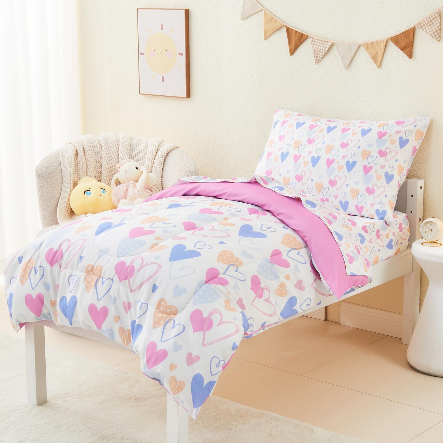 Mooreeke 4 Pieces Toddler Bedding Set - Soft Love Heart Toddler Comforter Sets for Girls, Includes Quilted Comforter, Flat Sheet, Fitted Sheet and Pillowcase, Bed in A Bag for Baby Bedroom