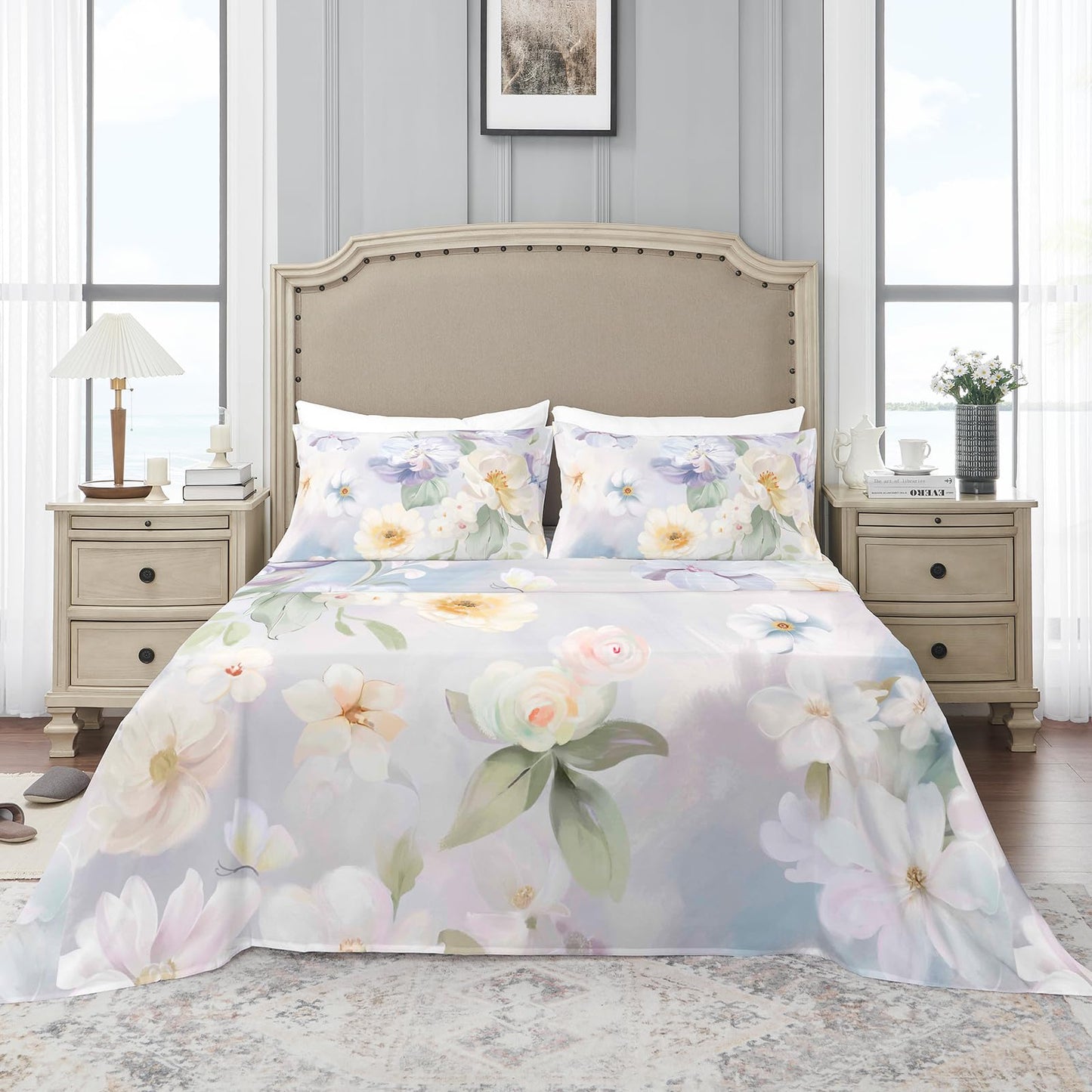 YIYEA Floral Sheets King Size, Premium Double Brushed Microfiber Bed Sheet Set for All Season, Soft Breathable, 16" Deep Pocket, Shrinkage and Fade Resistant, 4PC, King