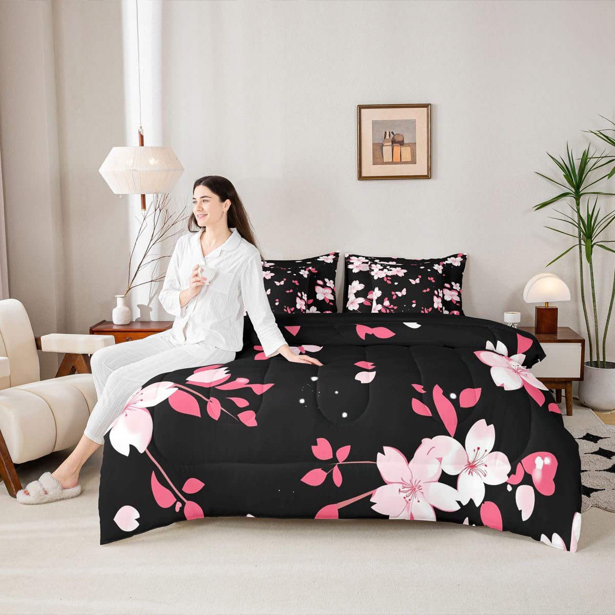 Erosebridal Cherry Blossom 7 Piece Bedding Set Queen Size Butterfly Bed in A Bag Japanese Spring Comforter with Sheets Japanese Style Romantic Theme Pink Bed Sets