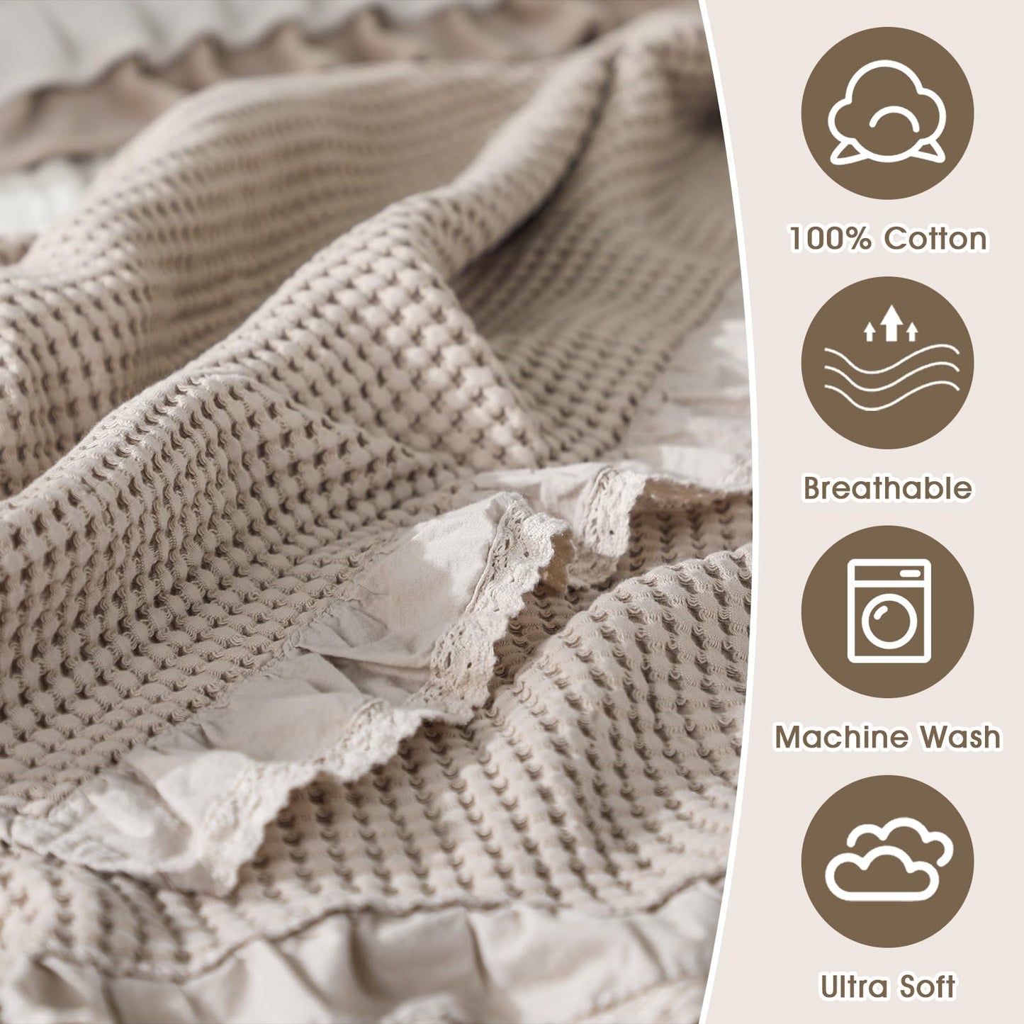 Tegeme Waffle Weave Blanket 43" x 63" 100% Cotton Neutral Boho Farmhouse Woven Knitted Beige Throw with Ruffles Warm Soft Cozy Throw Blanket Decorative Breathable for Couch Bed Sofa