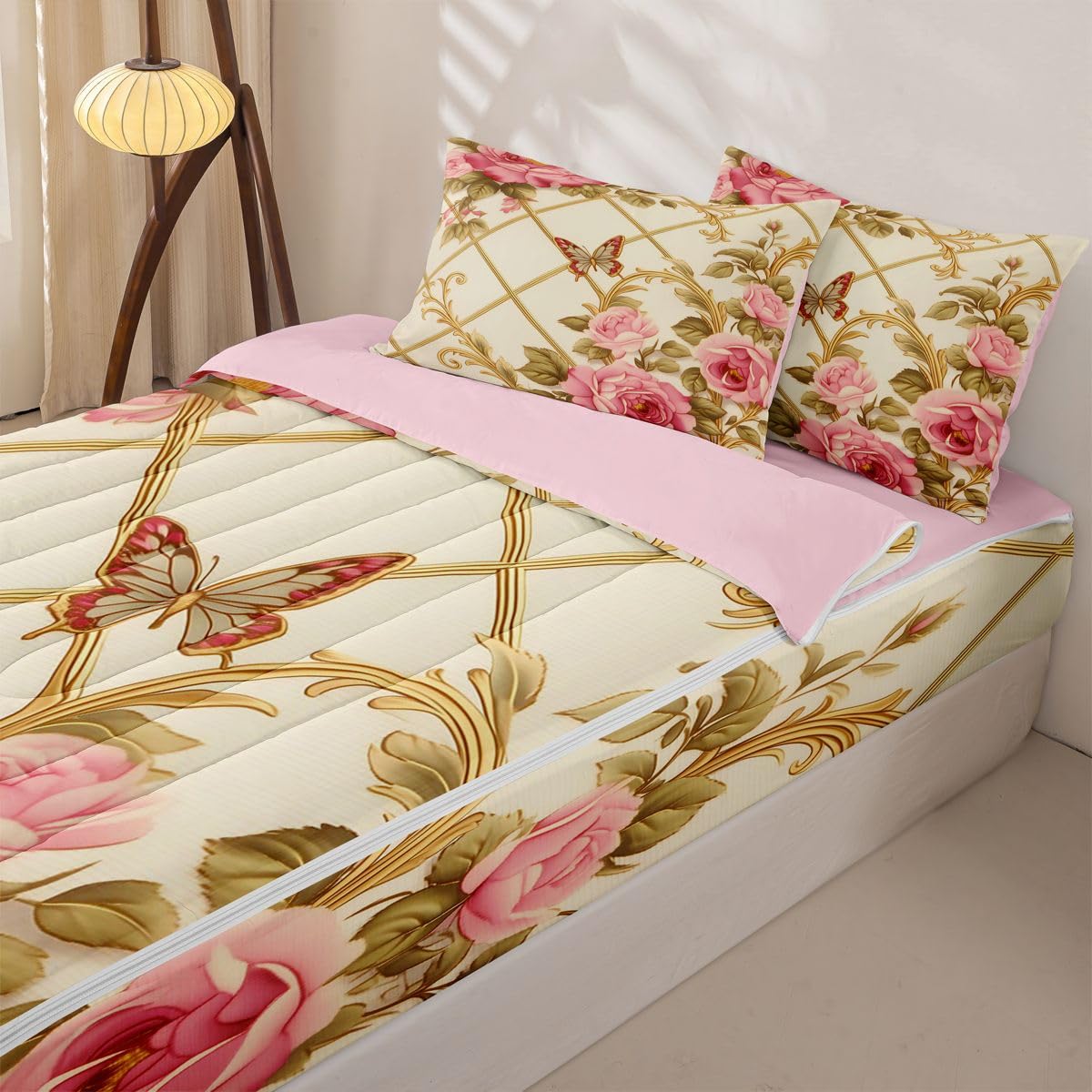Erosebridal Victorian Rose Zip Up Comforter Set Butterflies Twin Zipper Bedding Gold Trim Print Bed Set with Sheets Romantic Floral Bed in a Bag Bedroom Decor