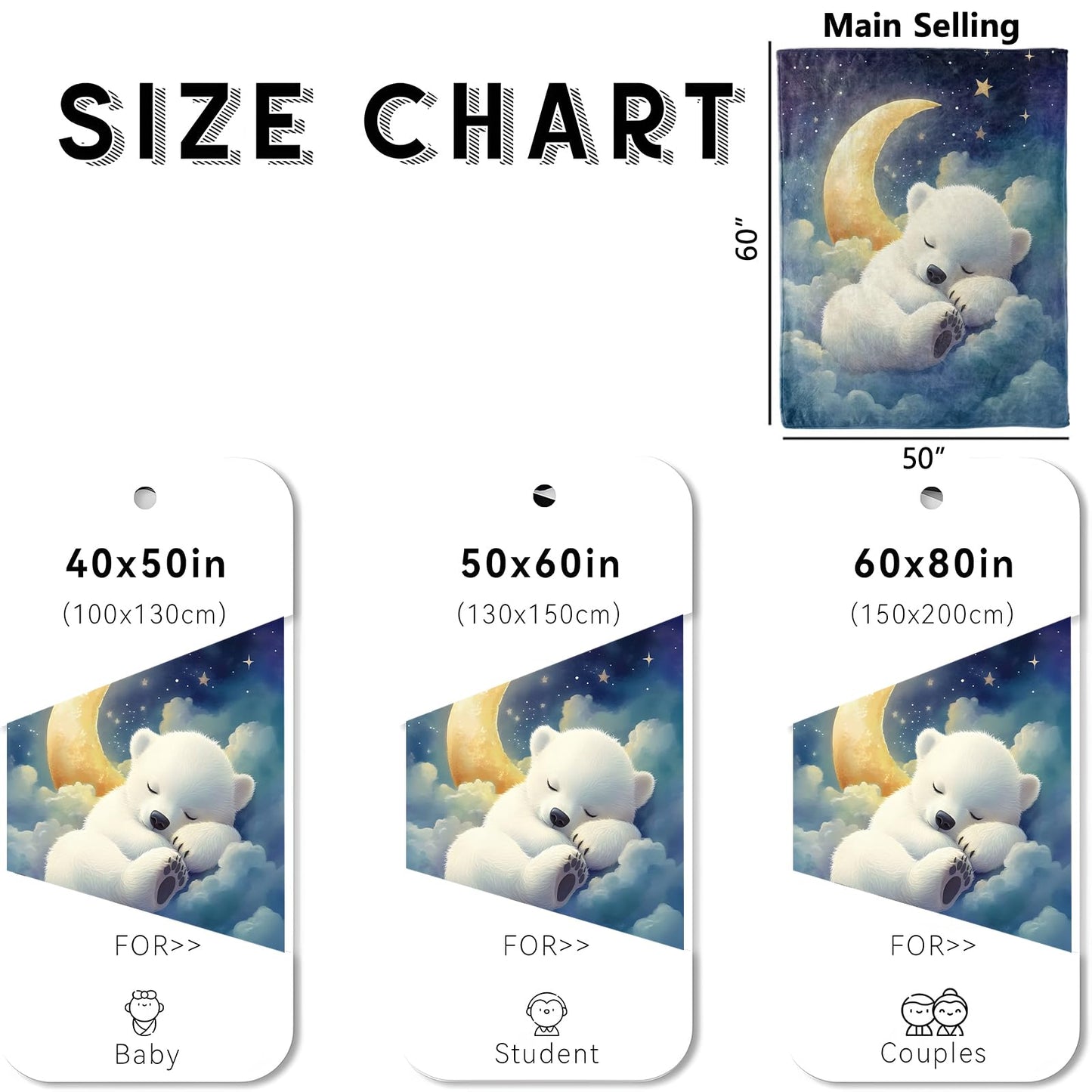wyxdwh Cute Polar Bear Blanket, Cozy Flannel Bears Sleeping on Clouds with Moon Throw for Couch Outdoor, Plush Soft Lightweight Travel Blankets for Bed Decor and Gifts, for Women Adults Kids 50"x60"