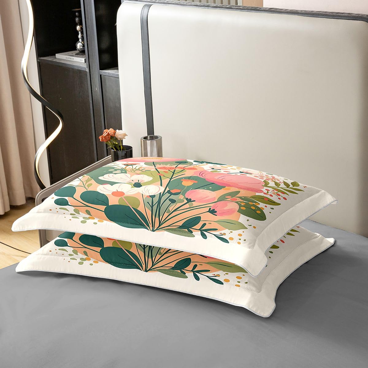 Erosebridal Florals Bedding Set Full Spring Leaf Floral 100% Cotton Duvet Cover Summer Botanical Garden Comforter Cover for Kids Girls Boys Adults Beige Pink Flower Bedclothes 3 Pcs