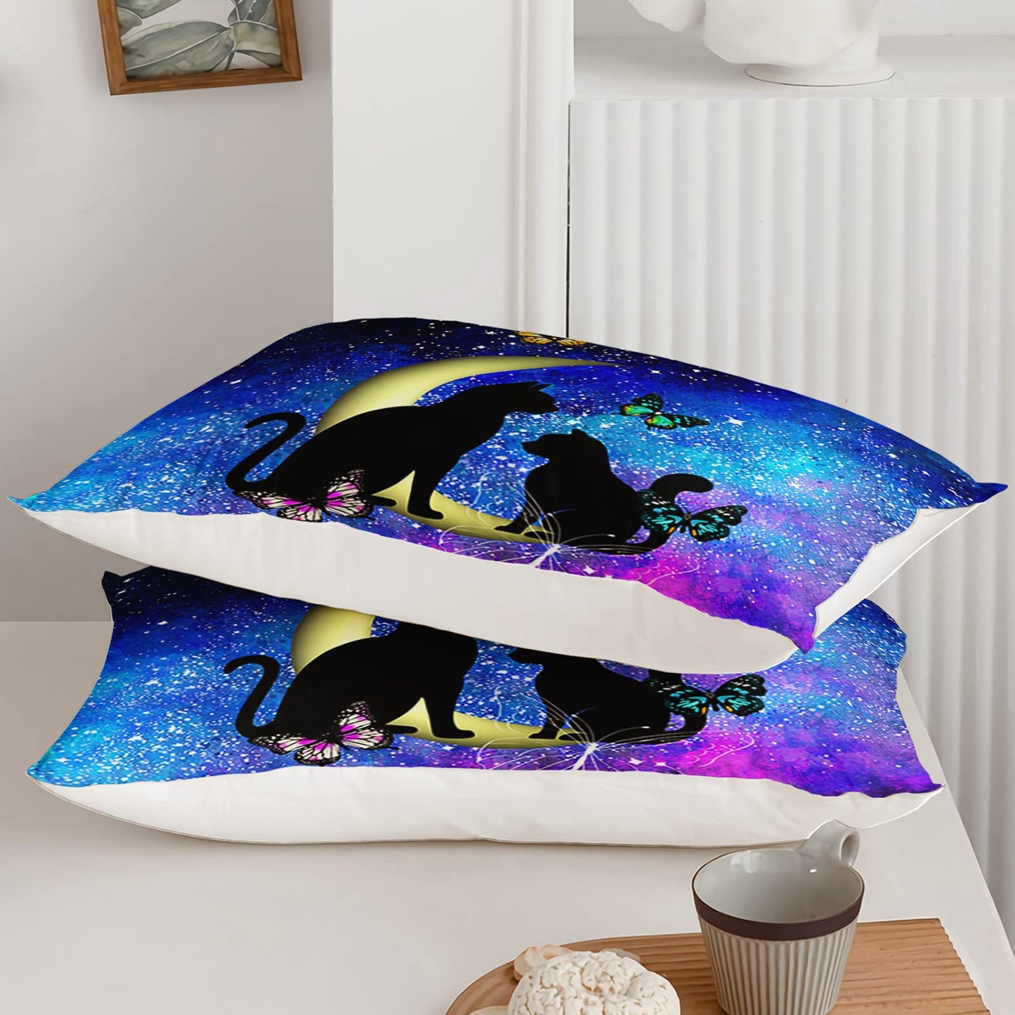 Axolotl Black Cat Bedding Twin Sheet Set - Butterflies Moon Printed for Kids, Boys, Girls, Adults, Teens - 1 Fitted Sheet, 1 Flat Sheet, 2 Pillowcases - Blue