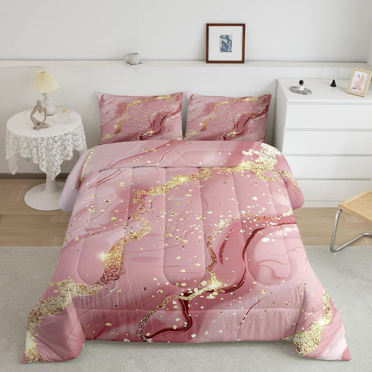 Pink Marble Comforter Set Queen Size,Golden Glitter Marbling Bedding Set for Kids Boys Girls Women Room Decor,Modern Abstract Art Fantasy Duvet Insert 3Pcs,Watercolor Marble Quilt Set,2 Pillowcases