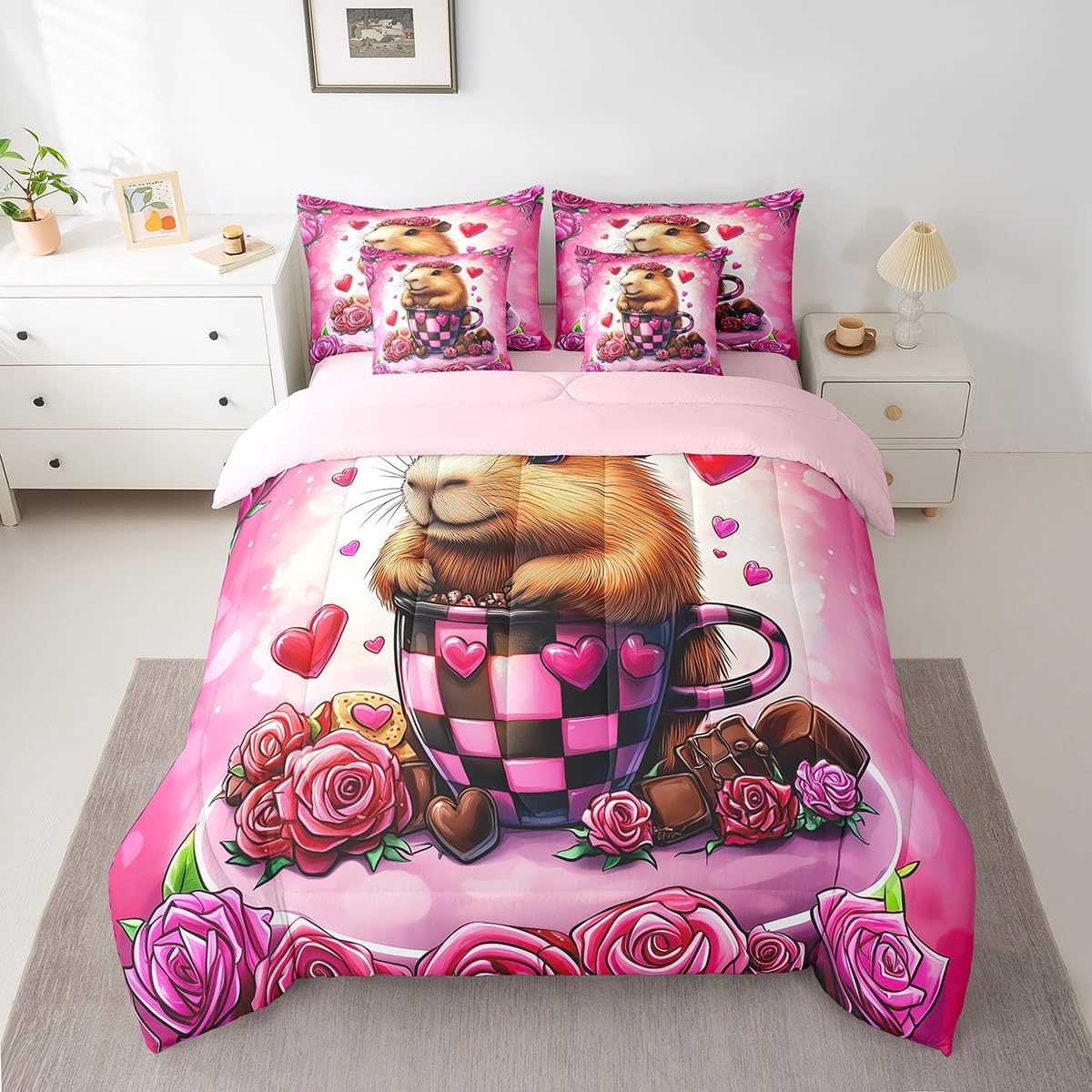 Feelyou Kids Valentine's Day Comforter Set with Sheets Queen Size, Rose Bed in A Bag Love Heart 7 Pieces Bedding Set Boys Girls Romantic Teens Bed Set Bedroom Decor 7Pcs