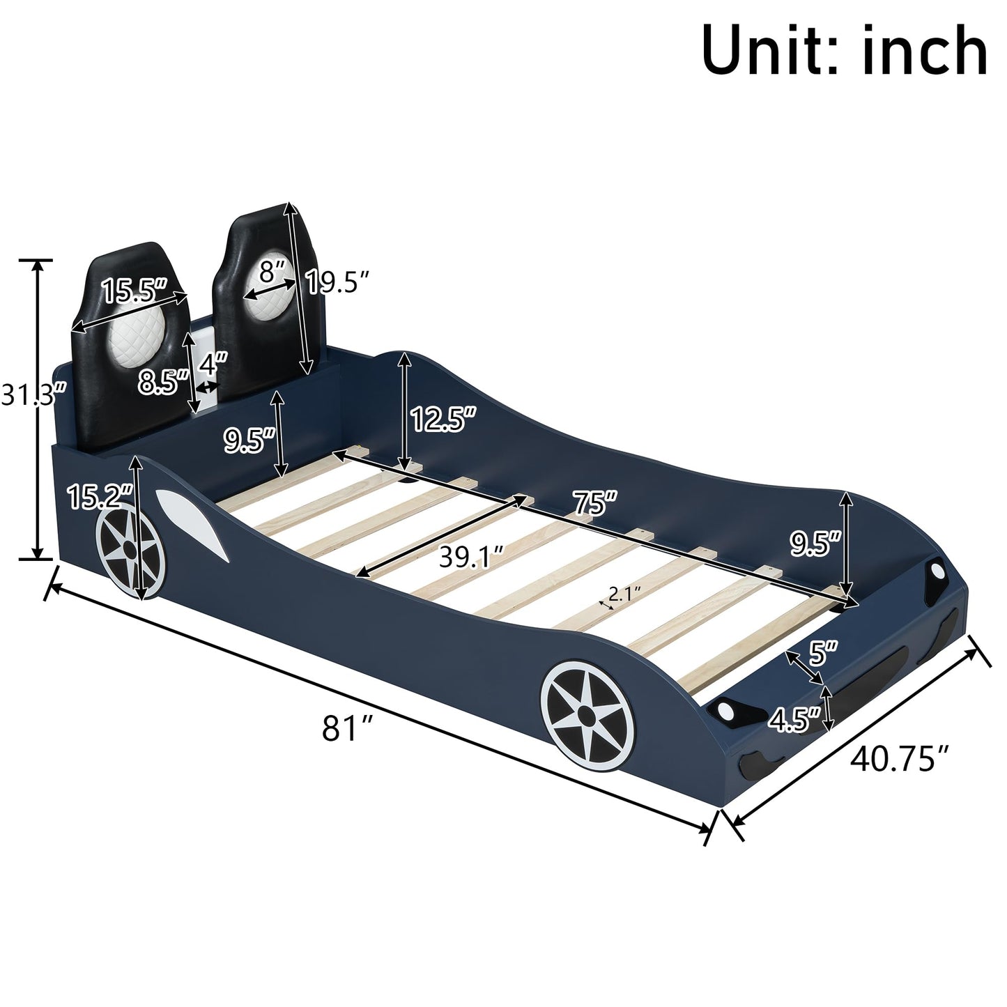 Bellemave Wood Twin Size Race Car-Shaped Platform Bed with LED and Upholstered Backrest, Platform Bed Frame with Race Car-Shaped and Safety Guardrails (Blue)