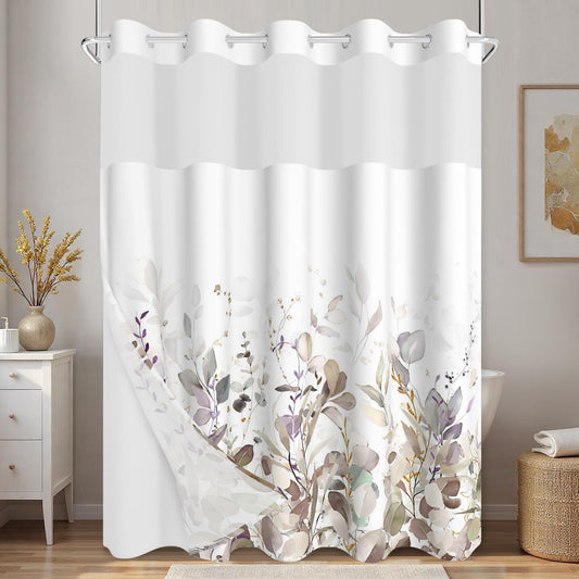 Xiazhilaio Watercolor Botanical Leaf Shower Curtain with Snap in Liner - Waterproof Double Layer Bath Curtain with Mesh Top Window for Airflow, Boho Farmhouse Eucalyptus Bathroom Curtain, 71″W x 74″L