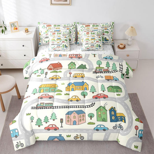 Erosebridal 7 Pcs Cartoon City Car Bedding Set Twin Size Cute Bicycle Train Kids Comforter Set with Sheets Multicolor Cityscape Bed in A Bag for Boys Girls Transportation Road & Railway Bed Sets