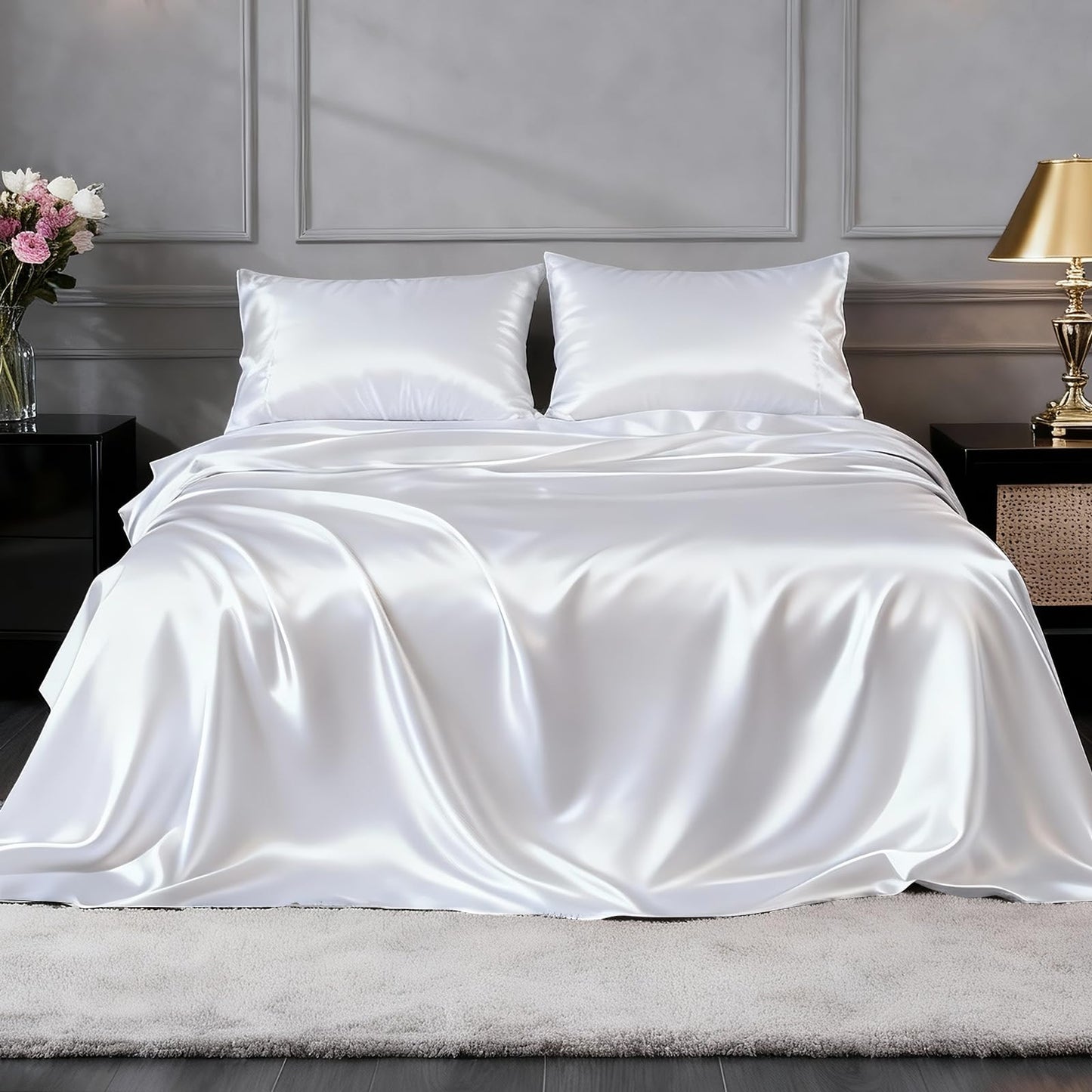 FreshCulture Satin Sheets Full Size - 4 Piece Luxury Soft Silky Full Size Bed Sheets, Similar to Silk Bed Sheet Set with 1 Deep Pocket Fitted Sheet, 1 Flat Sheet & 2 Pillowcases (White)