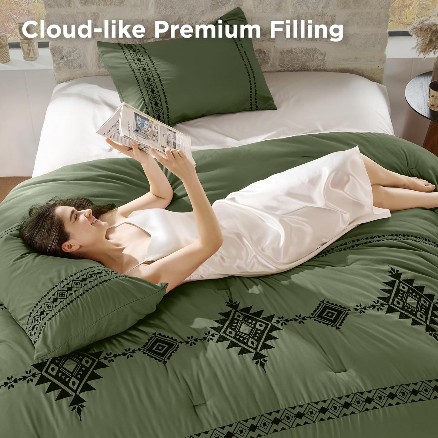 Baskbed Embroidered Boho Comforter Set Queen Size, 3-Piece Western Shabby Chic Bedding Set - Fluffy Ultra Soft Microfiber with Intricate Design, Includes 1 Green Comforter(88"x88") & 2 Pillowcases