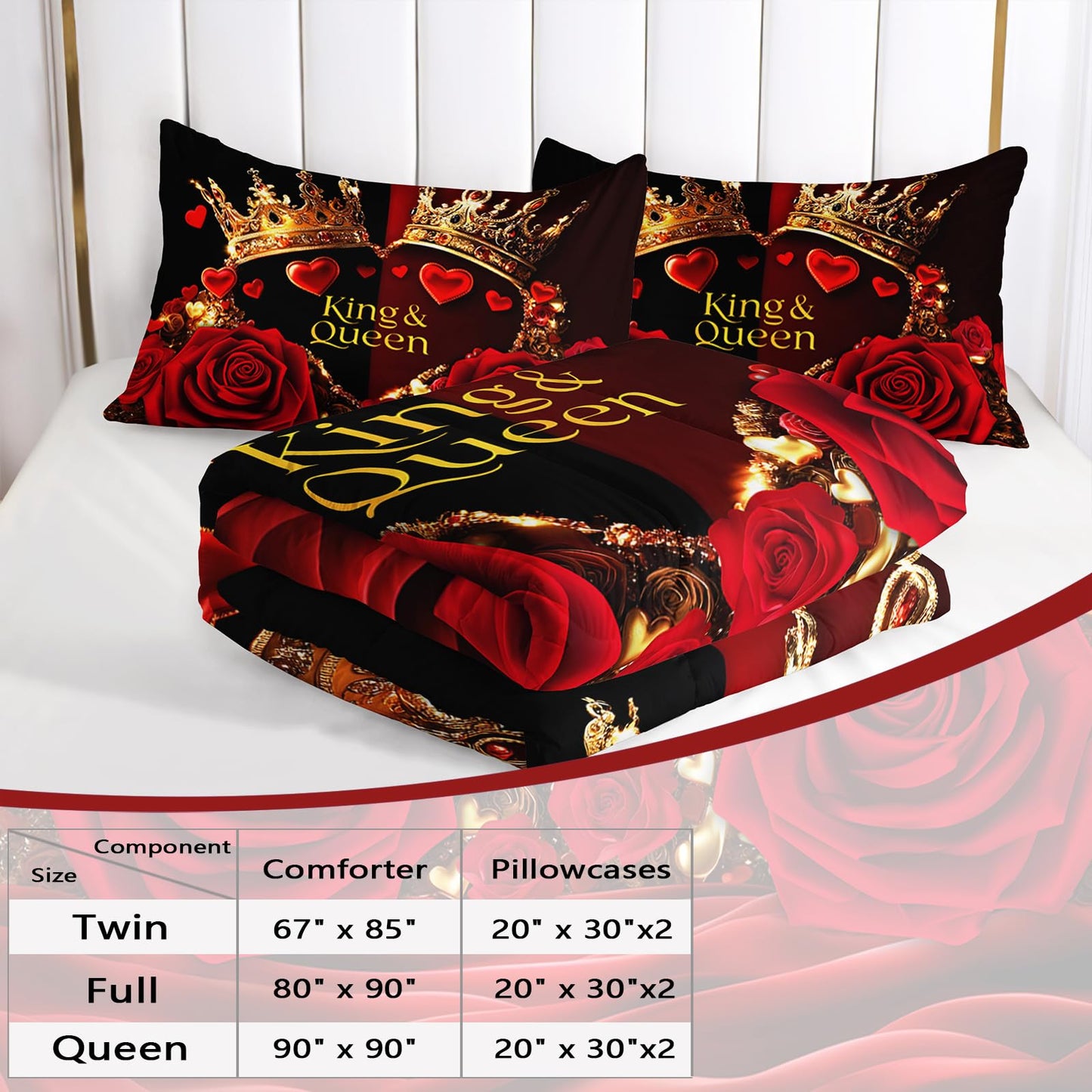AILONEN Red and Black Rose Comforter Set Queen Size,Glod Crown Couple Bedding Set for Room,Romantic Flower Theme with 2 Pillowcases,3Pcs