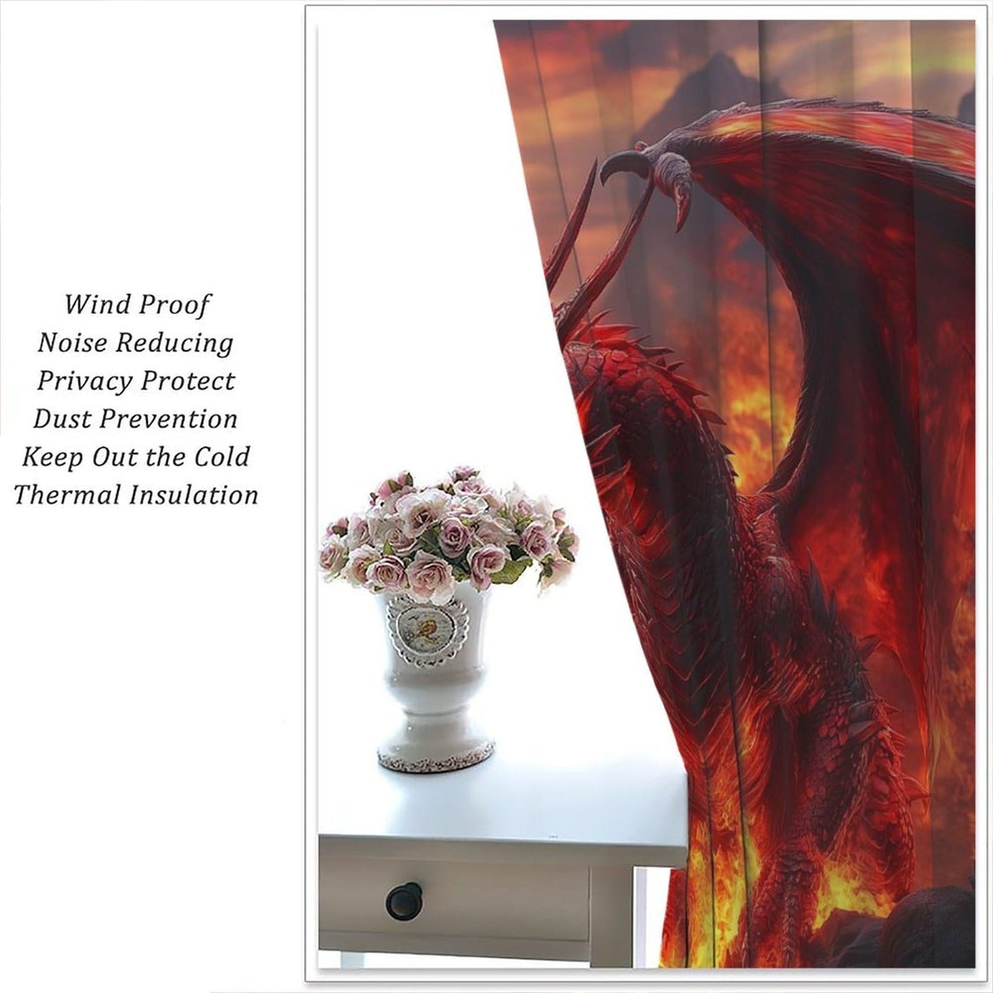 wlsgdsg Western Dragon Curtains for Boys,Fantasy Myth Red Volcano Lava Magic Wings Dragon Fire Breathing Window Treatments Print for Kids Teenage Bedroom Living Room 42x45in（No Blackout）