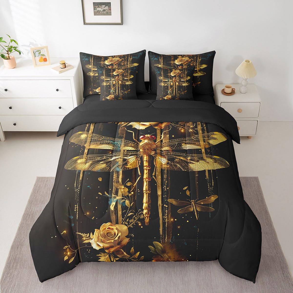 Erosebridal Golden Dragonfly Comforter Set Queen,Romantic Yellow Rose Floral Bed in a Bag,Dragonflies Bedding Set 7Pcs for Boys Girls Women,Wildlife Safari Animal Quilt