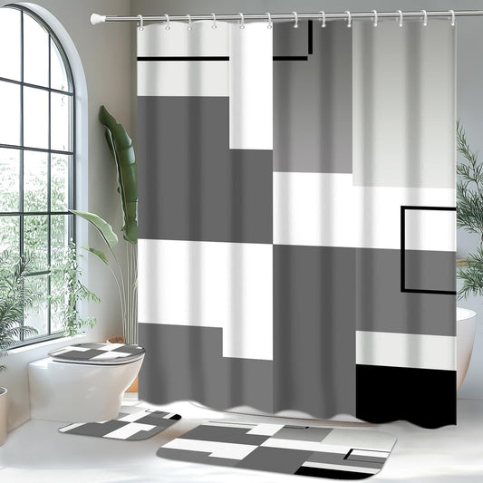 KINUUIS 4 Pcs Black Geometric Bathroom Shower Curtain Sets with with Toilet Lid Cover and Non-Slip Rugs, Black Modern Abstract Bathroom Decor Sets with Shower Curtain and Rugs for Bathroom