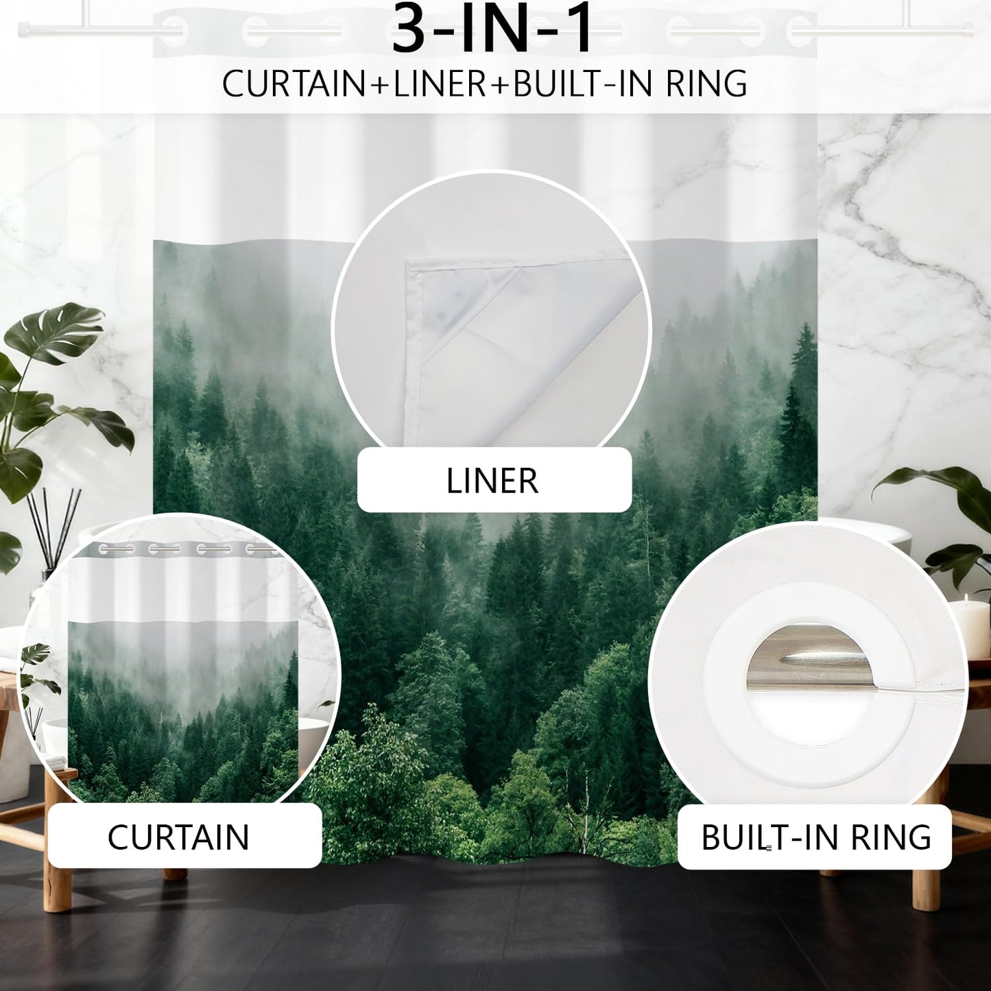 NAEMBCU Mistry Forest Shower Curtain with Snap in Fabric Liner 71x74 Inch