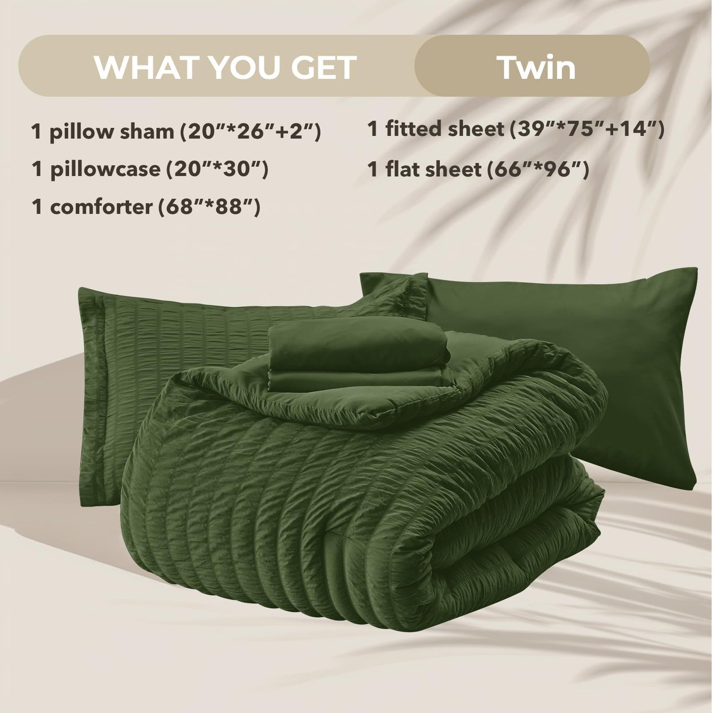 HYMOKEGE Olive Green Twin Comforter Set Seersucker 5 Pieces, All Season Luxury Bed in a Bag for Bedroom, Bedding Set with Comforter, Sheets, Pillowcase & Sham