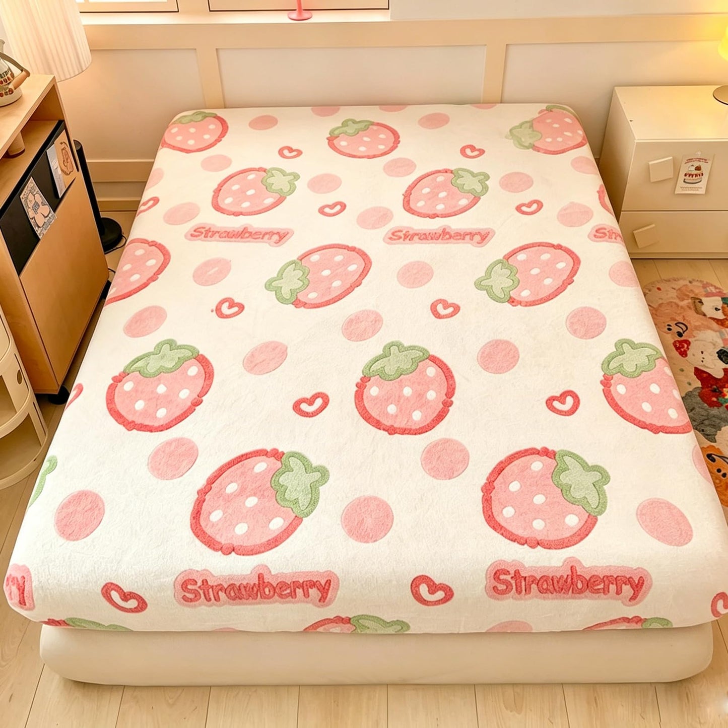 MorroMorn Fleece Fitted Sheet Full Only, Super Soft Plush Bottom Sheet with 20" Deep Pocket, Kawaii Cute for Girls Kids Teen Fall Winter Spring, No Pillowcases (Pink Strawberry, Full Size)