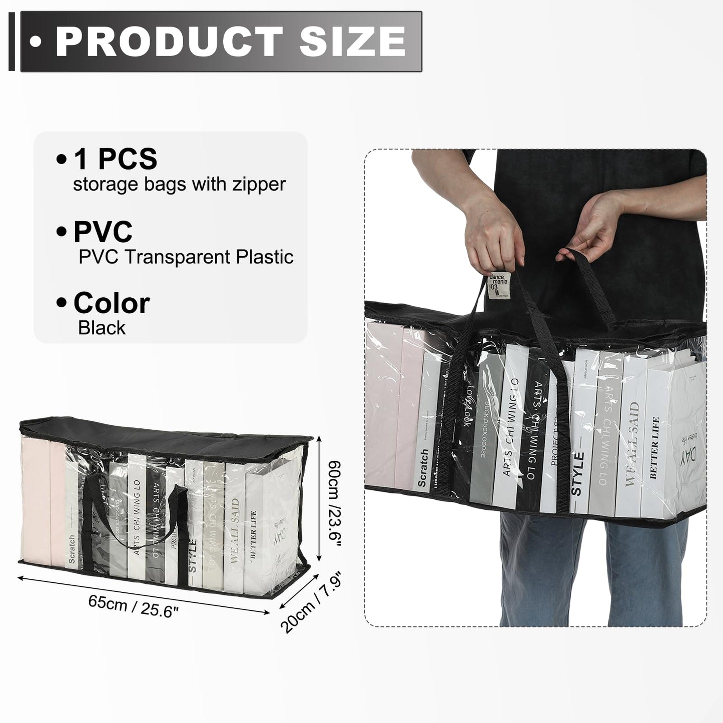PATIKIL 25.6x7.9x23.6in Clear Storage Bags, Plastic Storage Bags Clear Large Zippered Organizers Foldable Closet Bed Sheet Organizer Cube with Zipper Handles for Book Clothes Yarn,XL,Black