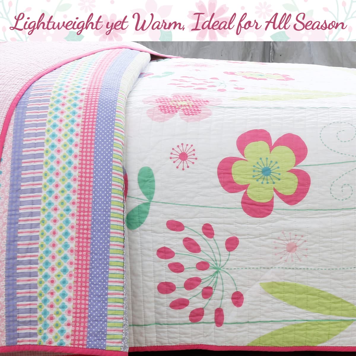 Cozy Line Home Fashions Pink Lavender Green Floral Print Girl 100% Cotton Reversible Quilt Bedding Set, Coverlet, Bedspread (Blossom, Queen - 3 Piece)