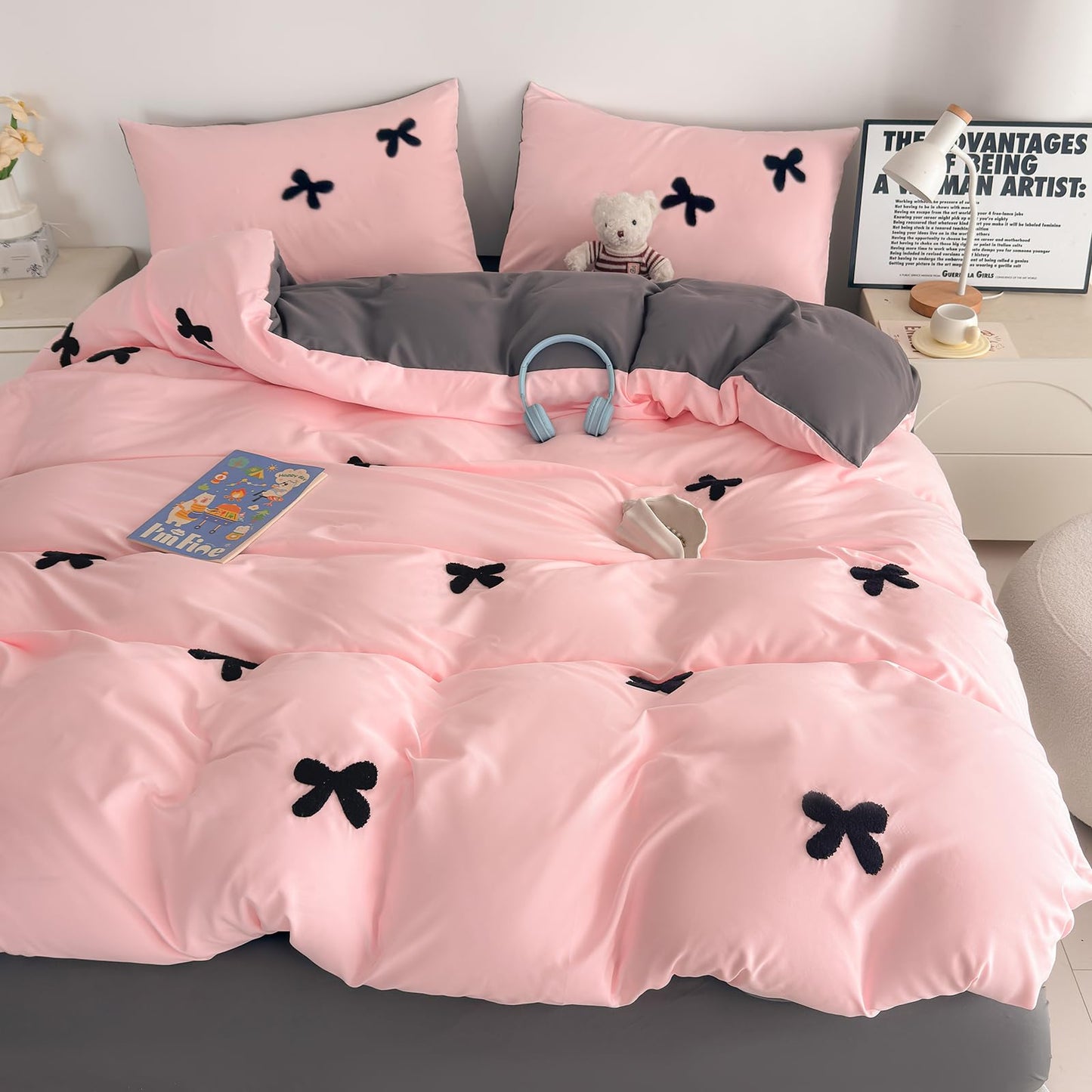 Tailor Shop Twin Comforter Set for Girls 5 Pieces Tufted Chenille Bowknot Embroidery Grey Comforter Pink Bedding Twin Girls Comforter