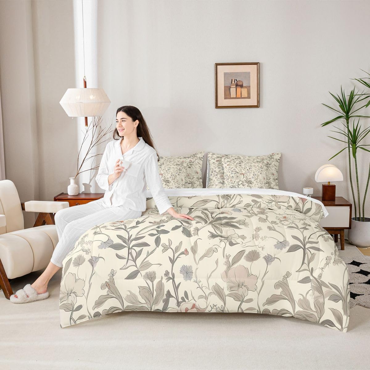 Erosebridal Floral Comforter Set Groovy Flower Bed in A Bag Queen Size 7 Pieces Oriental Blooming Bed Set Room Decor Natural Garden Botanical Bedding with Sheets