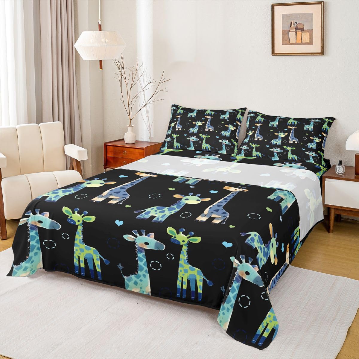 Erosebridal Giraffe Bed Sheets Full Black and Green Sheet Set for Kids Boys Girls Cartoon Kawaii Sheets Geometric Circle Wild Animal Flat Fitted Sheet 3 Pcs