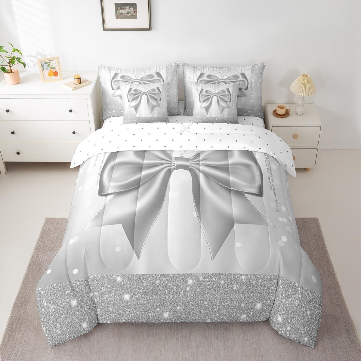 Feelyou Bowknot Comforter Set Twin Size 7 Pieces Dreamy Princess Bedding Set for Kids Boys Girls Glitter Bed in a Bag with Comforter, Sheets, Pillowcases, Cushion Covers Cute Bow Quilted Soft