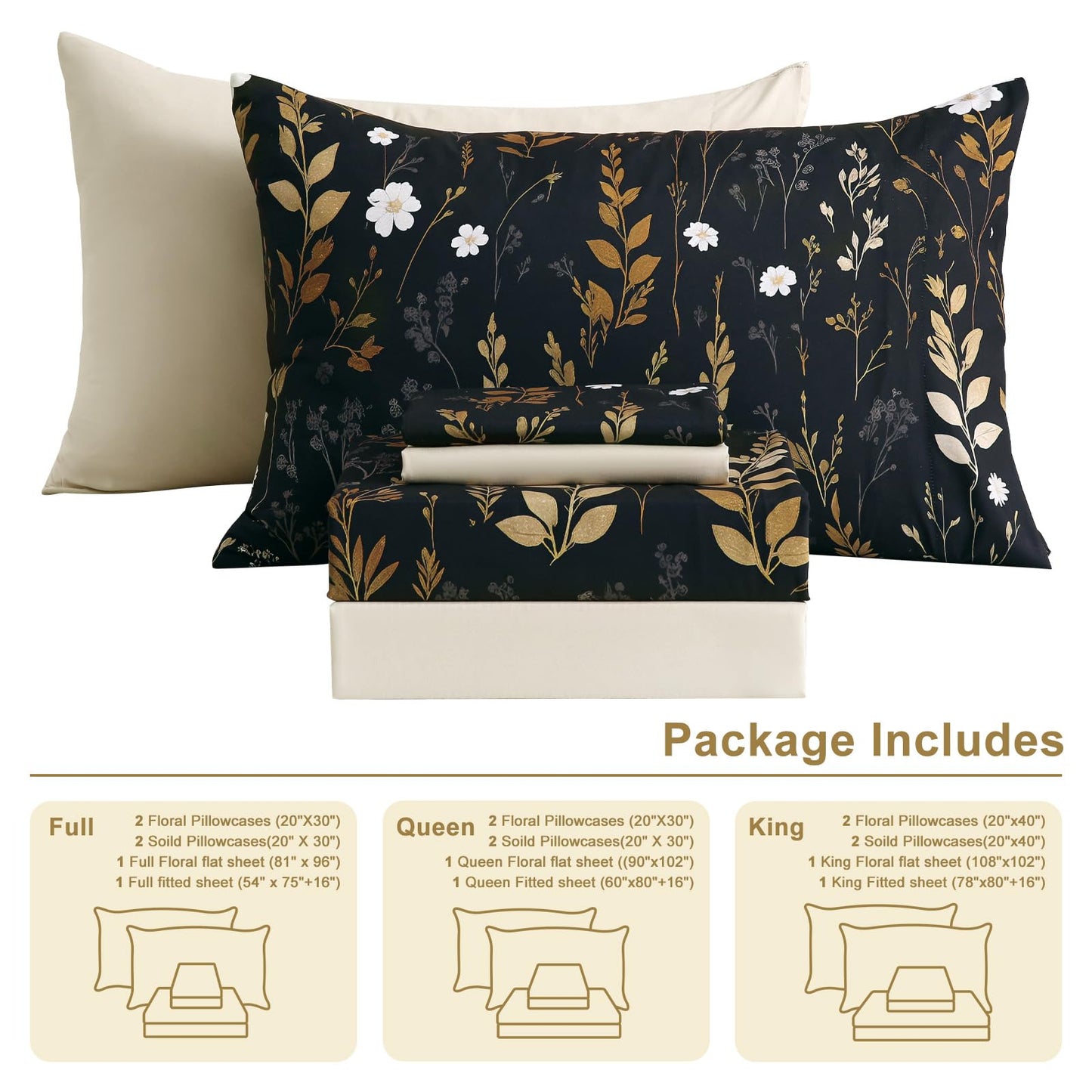Botanical 6-Piece King Size Sheets Set, Boho Floral Print Brushed Microfiber Sheets, Cooling Bed Sheet Set, Ultra Soft & Breathable, 16' Deep Pocket Fitted Sheet & Pillowcase Set, Beige Brown Leaves