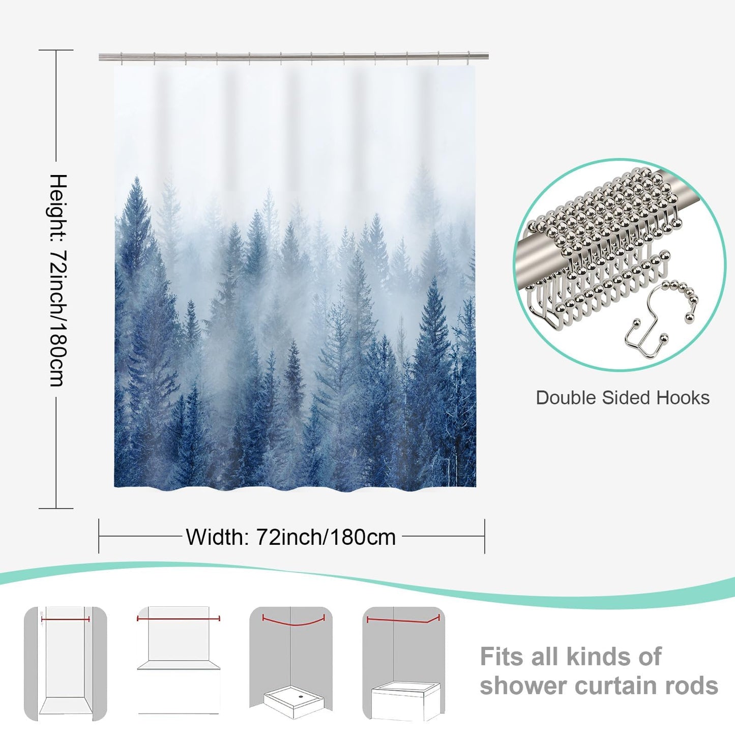 ORTIGIA 3 in 1 Waterproof Shower Curtain and Clear PEVA Liner Set with 12 Double Sided Metal Hooks, Blue Misty Forest Tree Shower Curtains for Bathroom - 72 Wx72 L