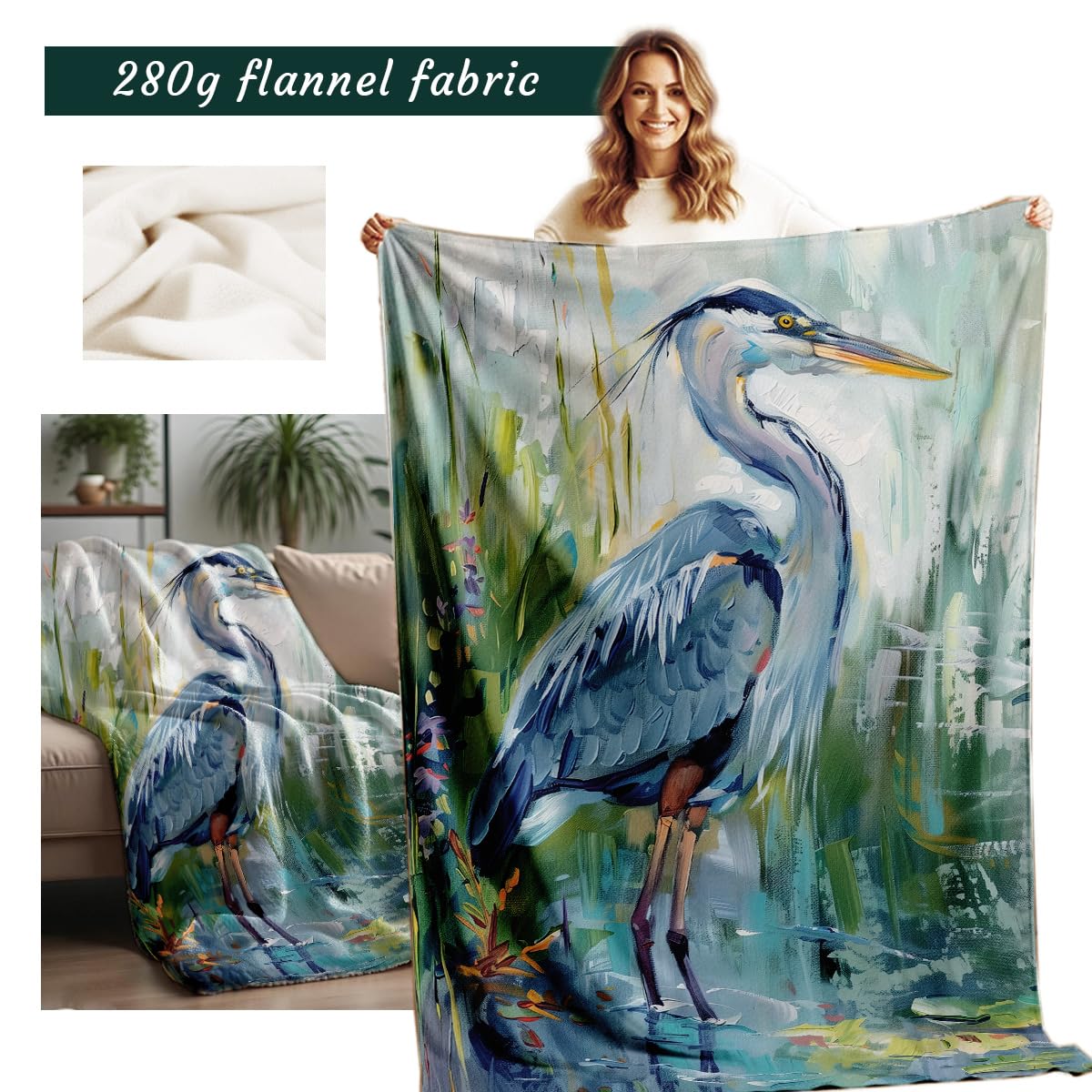 HUNXIAOJ Heron Print Blanket Blue Heron Throw Blanket Sea Birds Flannel Throw for Bed Couch Home Decor Heron Gifts (49"x59")