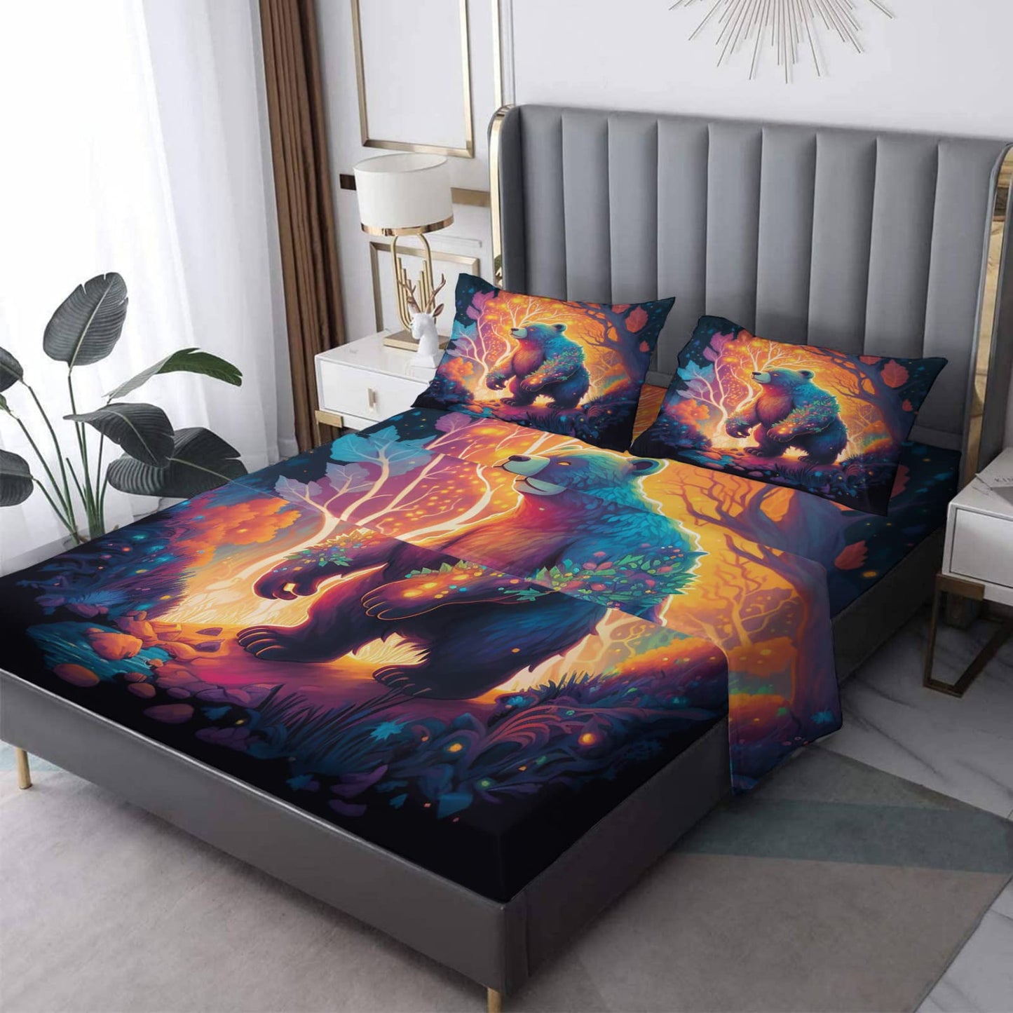 zcwl Queen Sheets Set, Bear Bed Sheets - Microfiber Bedding Sheets & Pillowcases 4 Piece, Forest Animal Colorful Patterned Sheet Set, 16 Inch Deep Pocket Fitted Sheet, Silky Soft Wrinkle Free