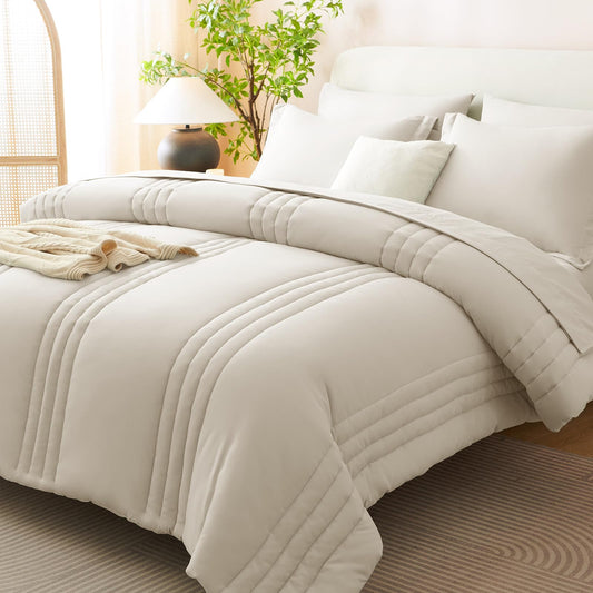 CozyLux Queen Comforter Set Beige - 7 Pieces Bed in a Bag, Modern Vertical Quilted Room Decor, Soft All-Season Bedding Gift with Comforter, Sheets, Pillowcases & Shams