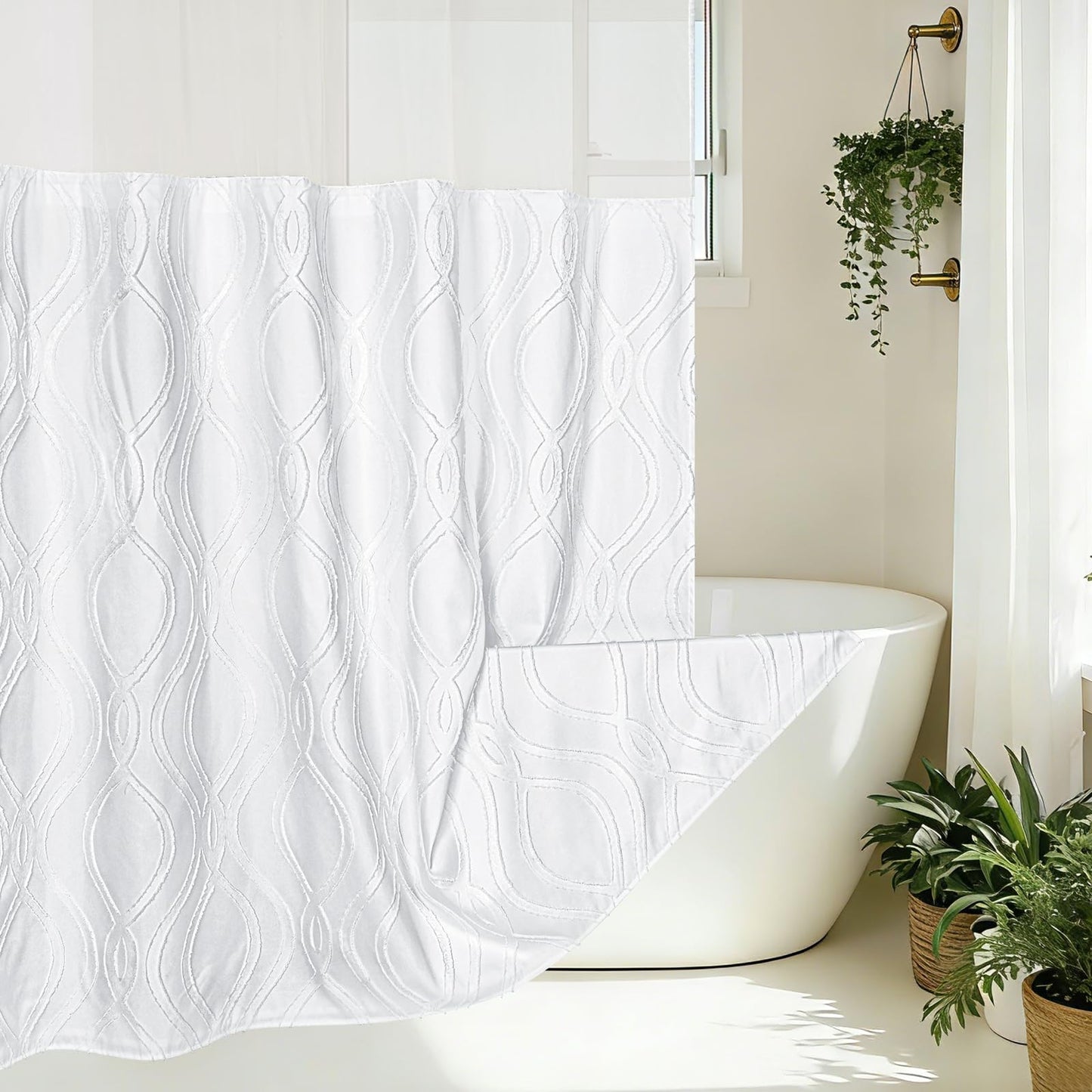 Yinhua No Hook Shower Curtain with Snap in Liner Set, Tufted Waterproof Shower Curtains for Bathroom Washable Bath Curtain Hotel Style Curtains with See Through Top Window, White, 71" W×74" L